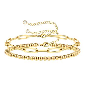 Pulsera Doble "Balines y Eslabones" de acero inoxidable chapado en oro de 18K