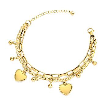 Pulsera Doble "Corazones y Balines", acero inoxidable chapado en oro de 18K